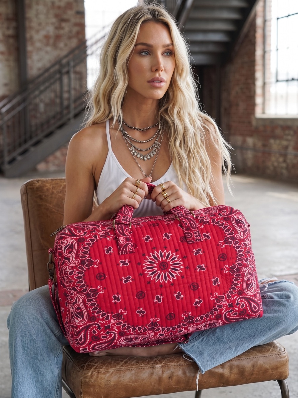 NWT Panache Boho Southwestern Paisley Print Bandana Weekender Duffle Bag Red